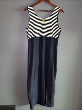 Vintage RJ&Co Nautical Midi Dress Sz 8 Navy White Striped Gold Anchor USA